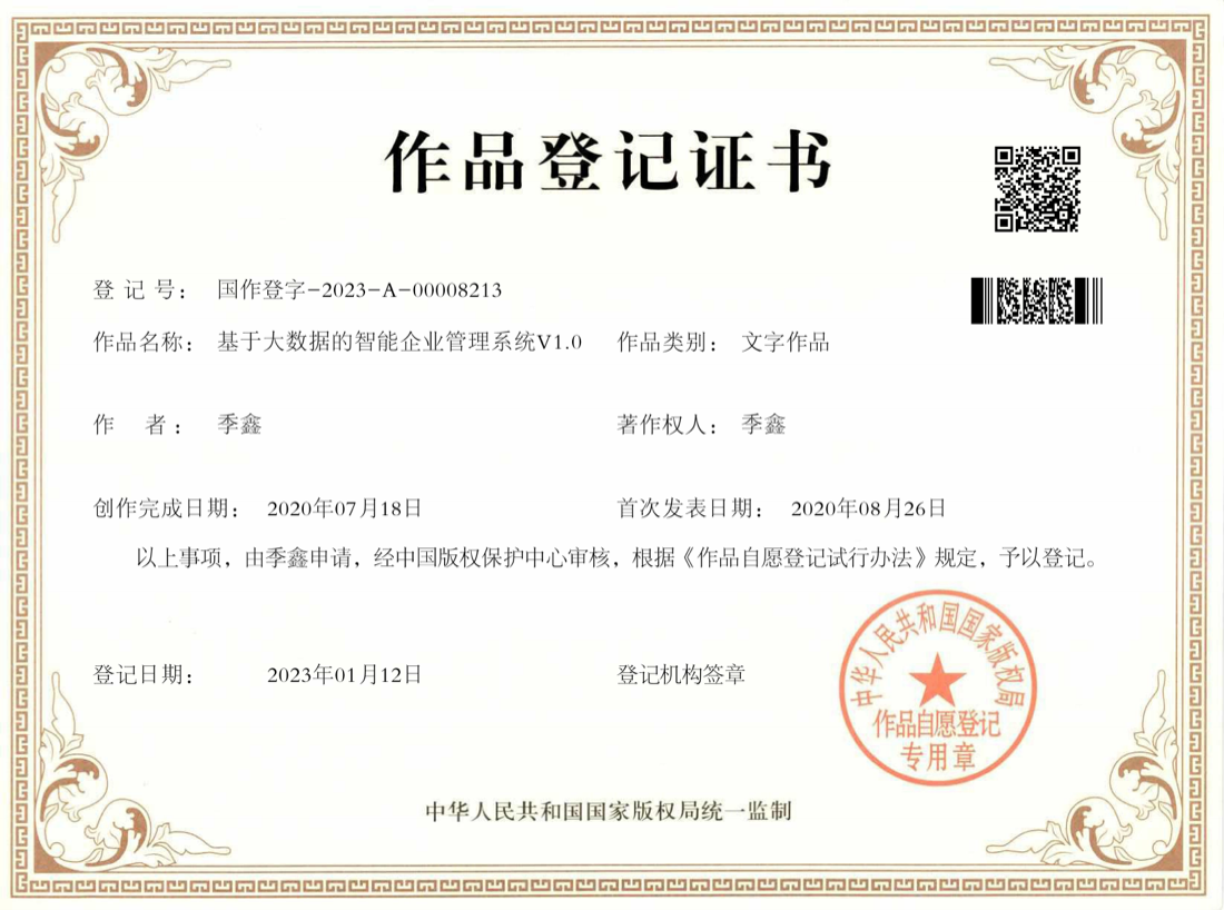 Software Copyright Certificate for Big Data Intelligent Enterprise Management System V1.0