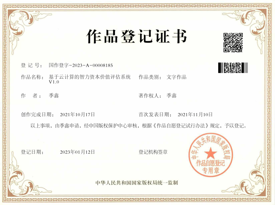 Software Copyright Certificate for Cloud Computing Intellectual Capital Valuation System V1.0